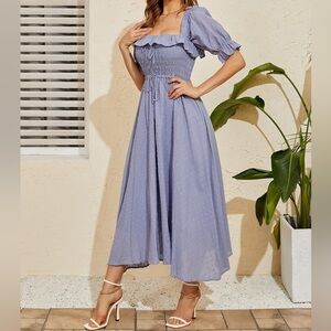R.YIposha Dusty Blue Smocked Swiss Dot Square Neck Dress Size XL